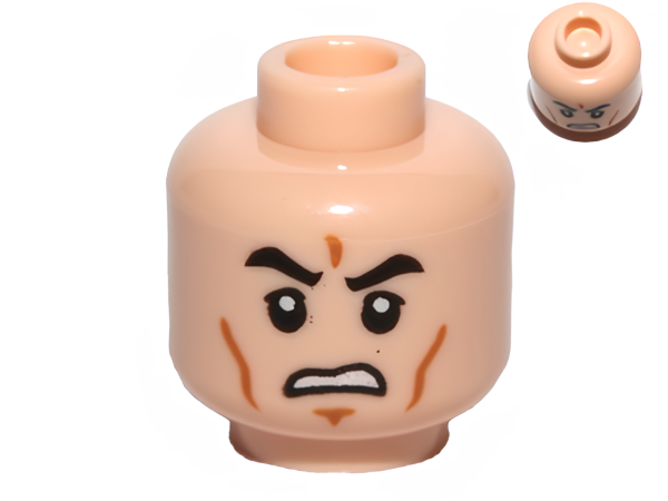 Голова Lego 3626cpb0817 Minifigure, Head Black Eyebrows, Upper Eyelids, Medium Nougat Cheek Lines and Chin Dimple, Open Mouth Scowl with Teeth Pattern - Hollow Stud